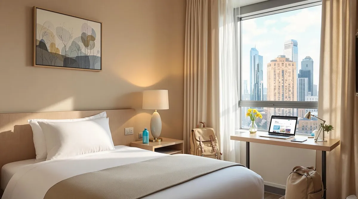 A cozy, budget-friendly hotel room with a single bed, desk, and city view, perfect for affordable travel.