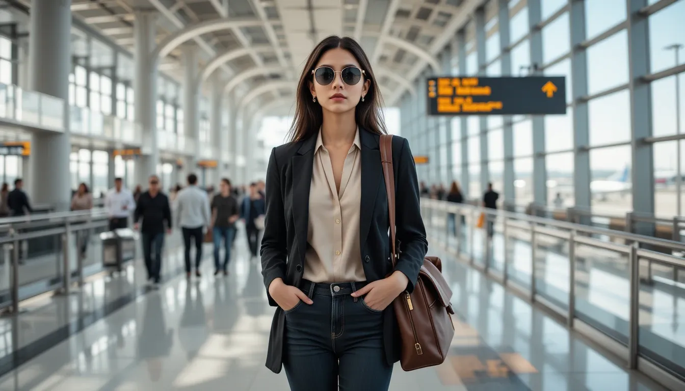 A stylish traveler with essential accessories at an airport