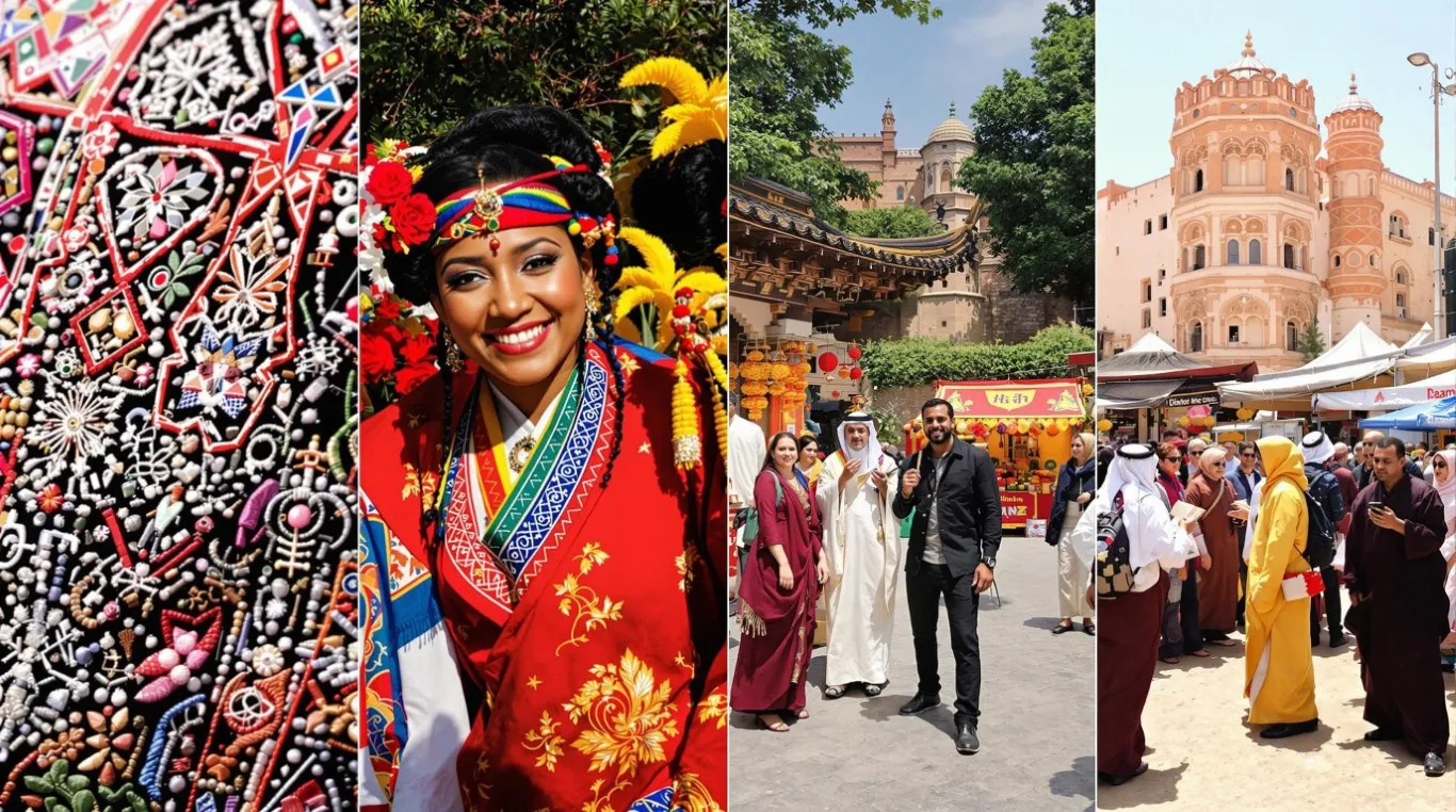 A visually appealing collage representing global travel and diverse cultural attire, hinting at the importance of understanding dress codes.