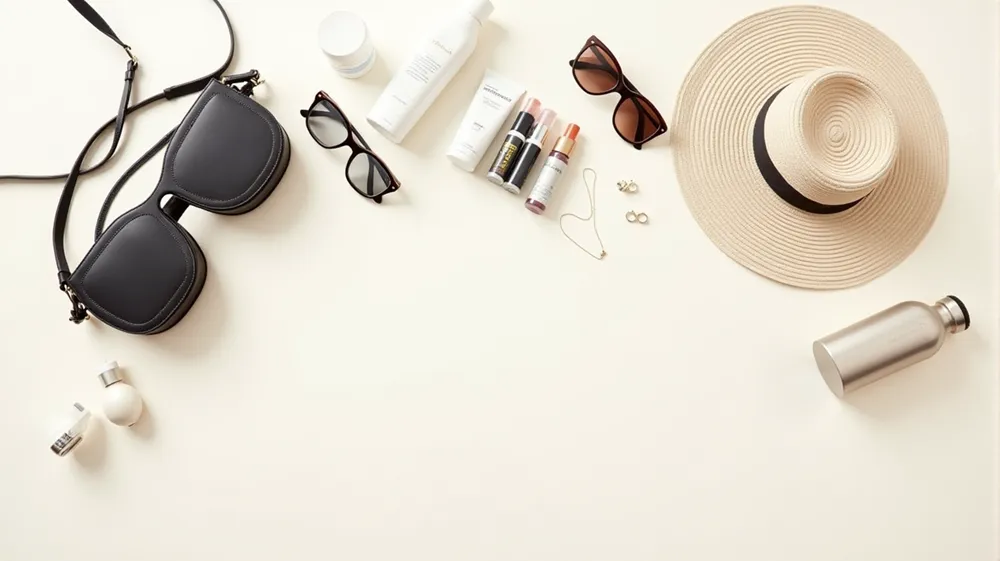 Essential travel accessories for a well-equipped travel capsule wardrobe.