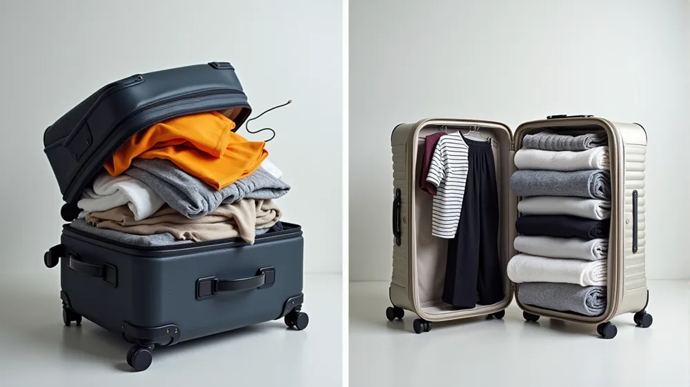 Comparison of an overpacked suitcase versus a neatly organized travel capsule wardrobe.