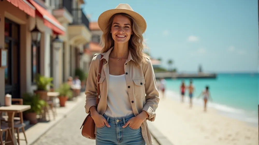 Confident traveler enjoying their trip with a lightweight and stylish travel Clothes.