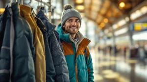 Traveler preparing for an adventure with a stylish array of outerwear including a packable jacket, rain gear, and layering pieces.