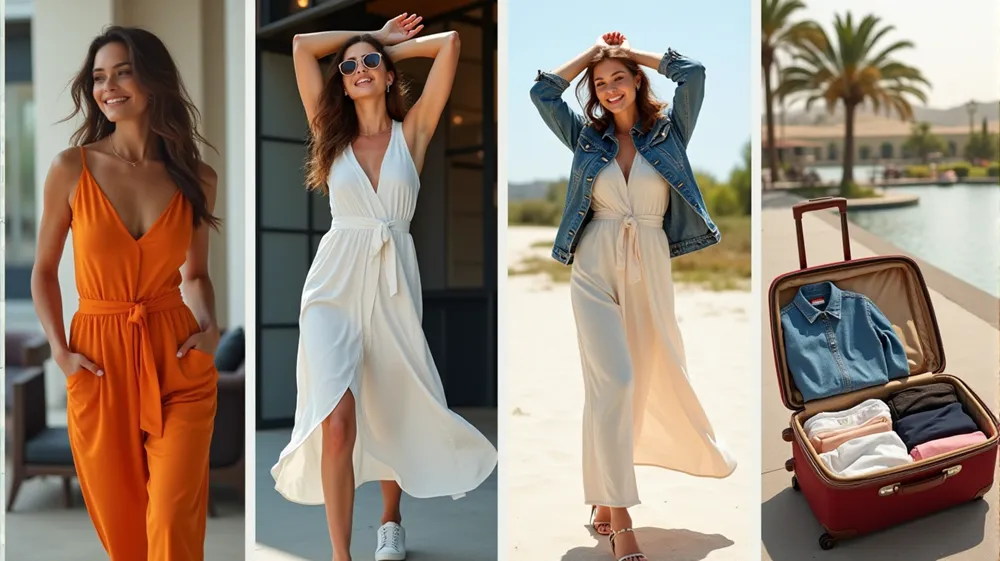 Collage illustrating the benefits of one-piece travel outfits: style, comfort, versatility, and space-saving.