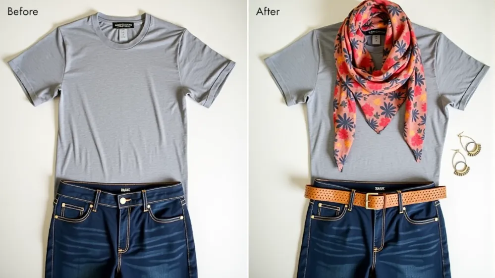 Before and after comparison of a travel outfit, showing the transformative effect of adding a scarf, belt, and jewelry.