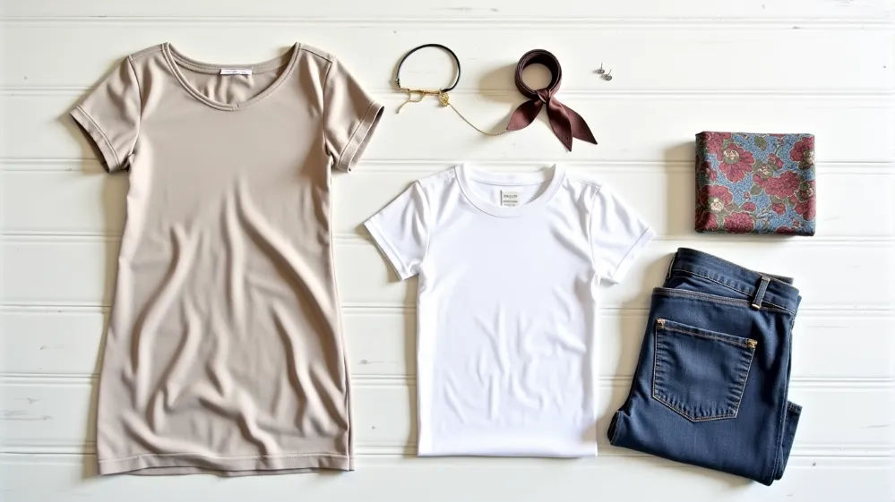Curated travel wardrobe with essential clothing and a variety of scarves, belts, and jewelry laid out on a clean surface.