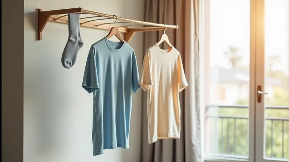 Washed travel clothes air-drying on a rack. travel-friendly fabrics