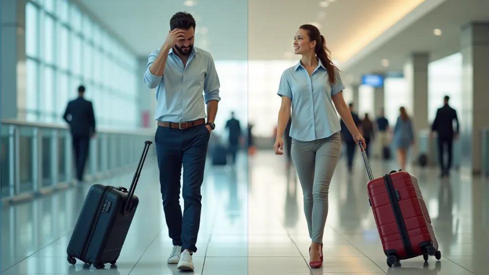 Comparison of two travelers arriving at their destination, one with wrinkled clothing and the other looking fresh in travel-friendly fabrics.
