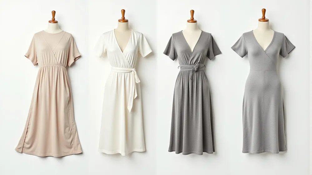 Selection of various travel dress styles including maxi, wrap, t-shirt, and knit dresses.