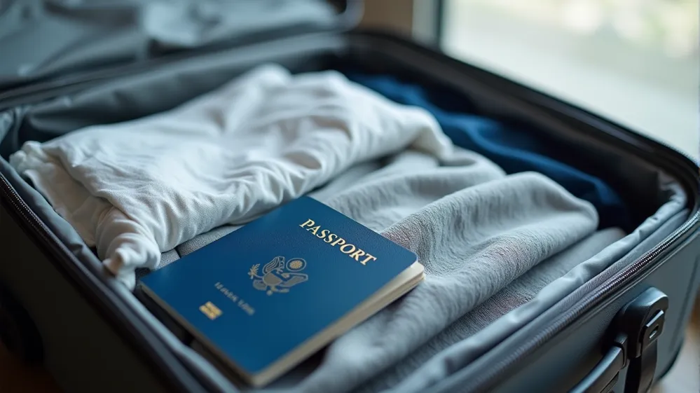 Neatly packed travel luggage with wrinkle-free clothing, passport, and tickets, representing smart travel preparation.