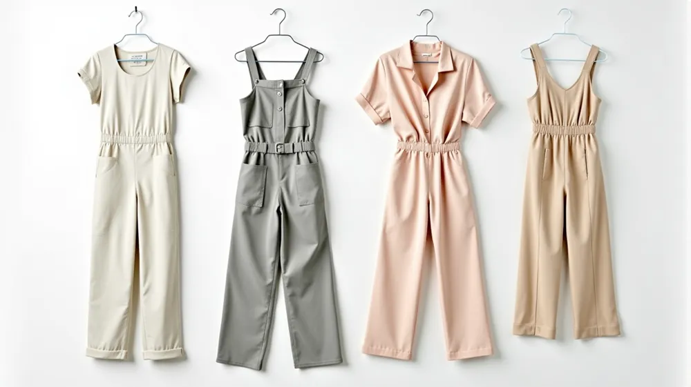 Selection of various travel jumpsuit styles including casual cotton, boiler suit, wide-leg, and dress jumpsuits.