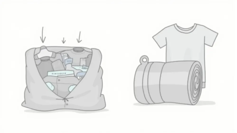 Illustration showing the bundling packing technique with clothes wrapped around a central core. Packing Techniques Masterclass