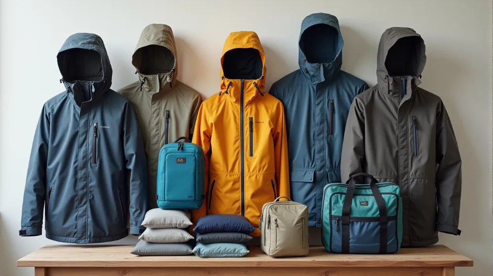 A neatly arranged display of various travel outerwear pieces on a table, symbolizing the careful selection process and product variety.