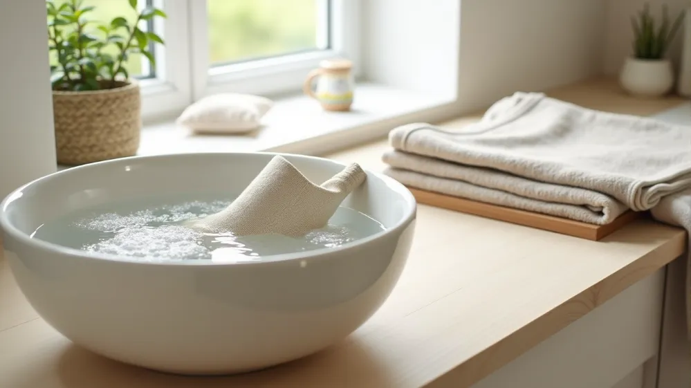 Gentle hand-washing of wool travel clothing with mild detergent and a garment laid flat to dry.
