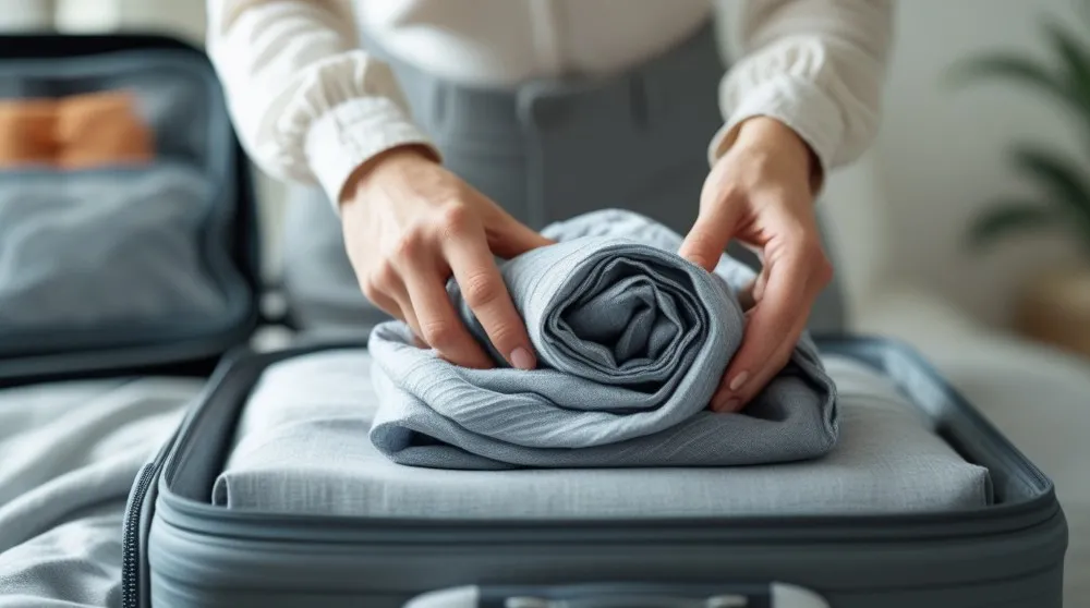 A traveler neatly folding and packing a Wanderlust wrap for easy storage.