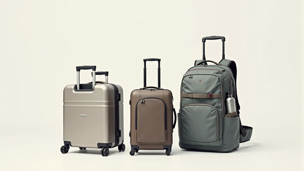 Comparison of a carry-on suitcase, a larger checked suitcase, and a travel backpack.
