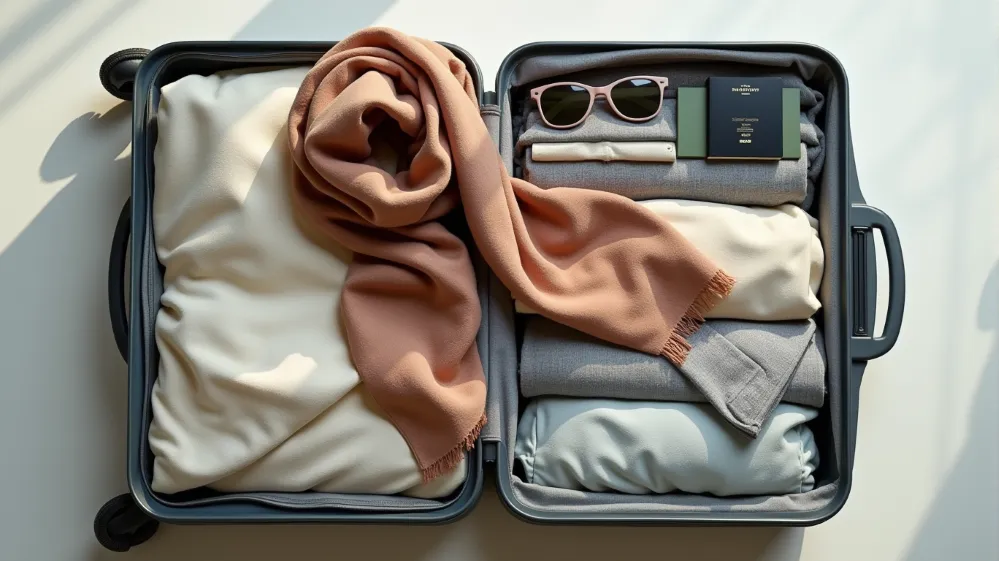 A stylishly packed suitcase with travel essentials including a versatile scarf.