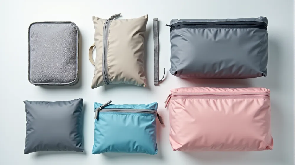 Variety of packing cube features including different materials, zipper types, and sizes.