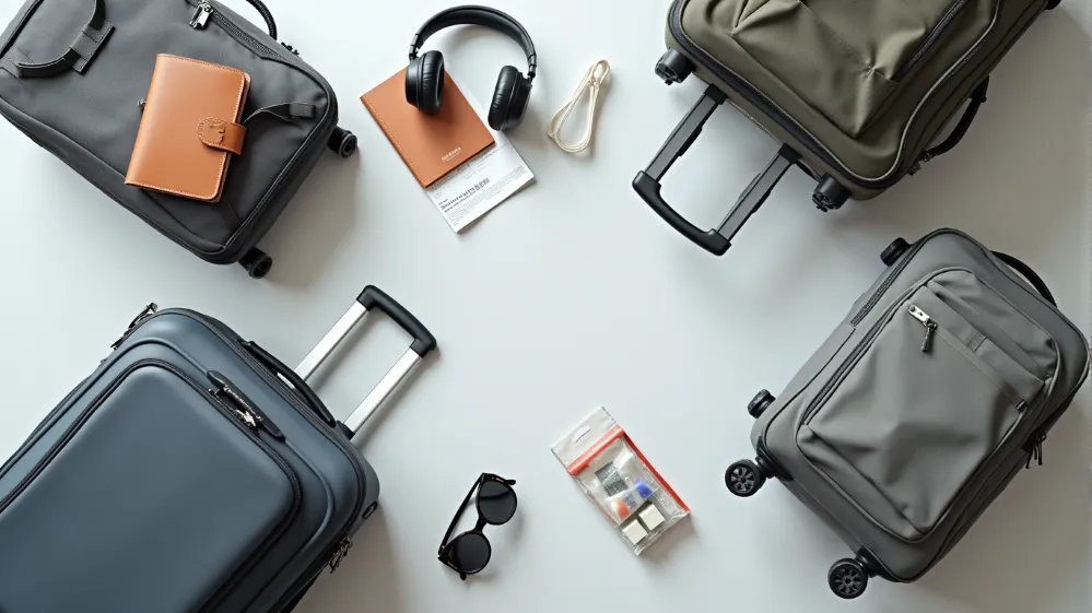 Three different types of travel bags (carry-on suitcase, checked suitcase, and backpack) surrounded by travel essentials.