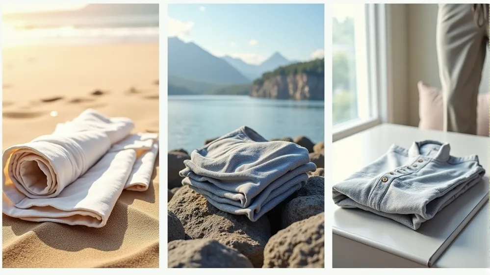 Collage illustrating different travel destinations and suggested travel-friendly fabrics for each.