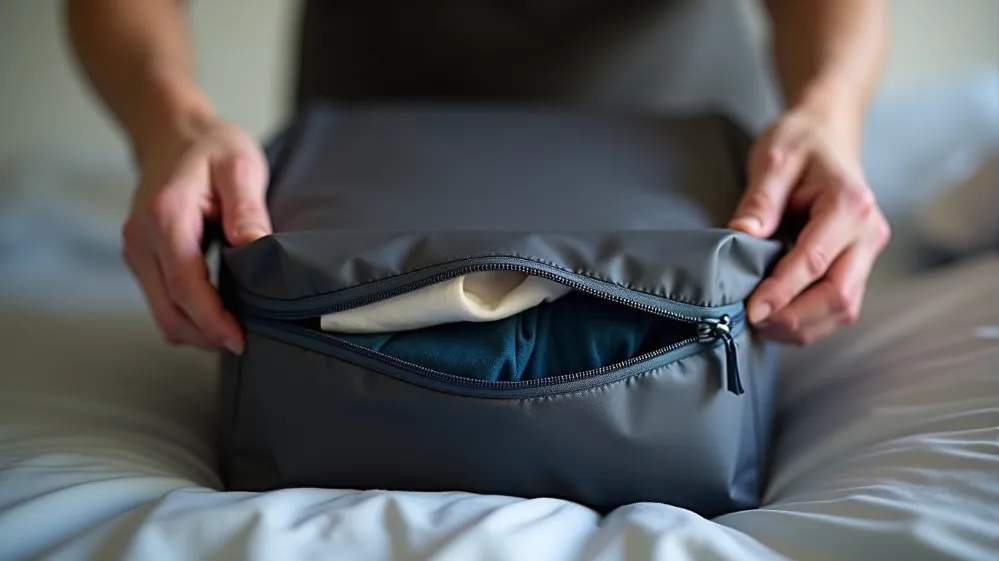 Compression packing cube being zipped, illustrating space-saving capabilities.