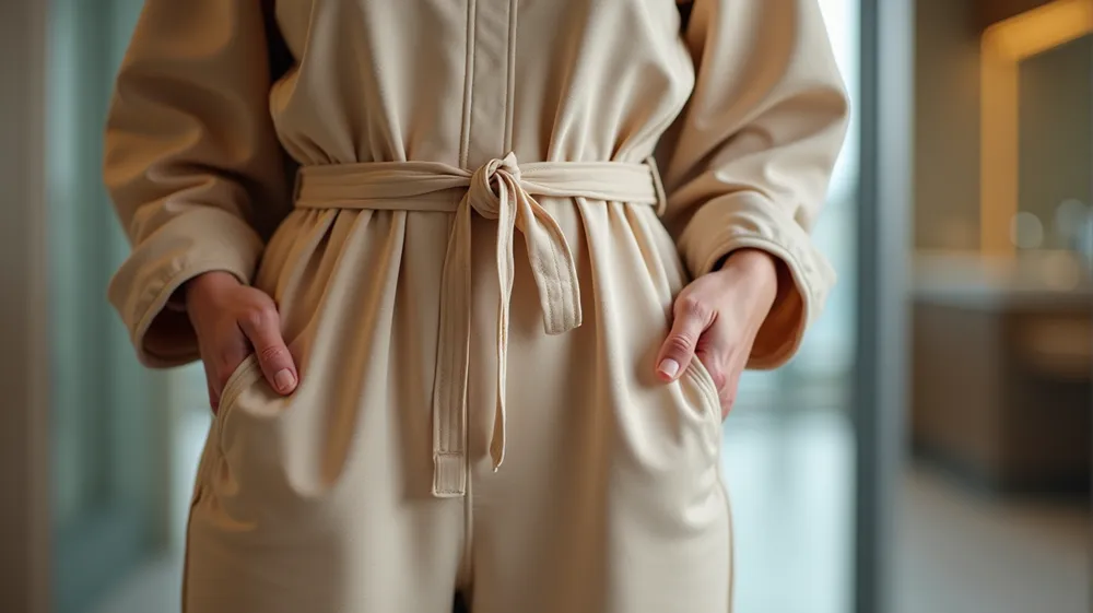 Traveler easily managing the closure of a travel jumpsuit.