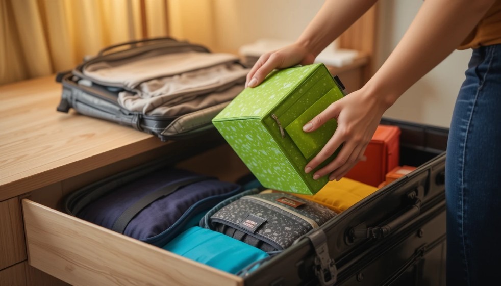 Traveler easily transferring a packing cube from a suitcase to a hotel drawer for quick unpacking.