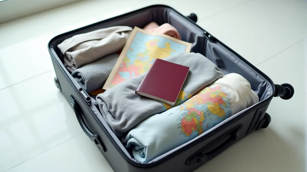Neatly packed suitcase with rolled and folded clothes, passport, and map, illustrating efficient travel packing.