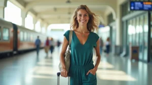 Smiling woman traveler with small suitcase wearing a stylish dress or jumpsuit for effortless travel style.