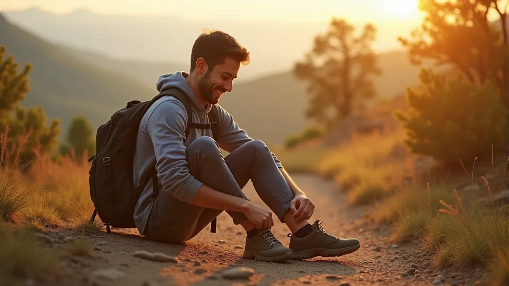 Traveler adjusting shoes on a trail with overlay text: 'Break in your shoes before the journey for maximum comfort.