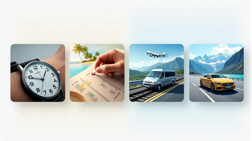 Collage illustrating key factors to consider when choosing travel luggage: trip duration, destination, transportation, and activities.