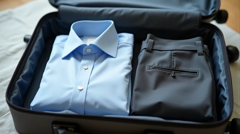 Neatly folded dress shirt and trousers in a suitcase, demonstrating wrinkle prevention through folding. Packing Techniques Masterclass