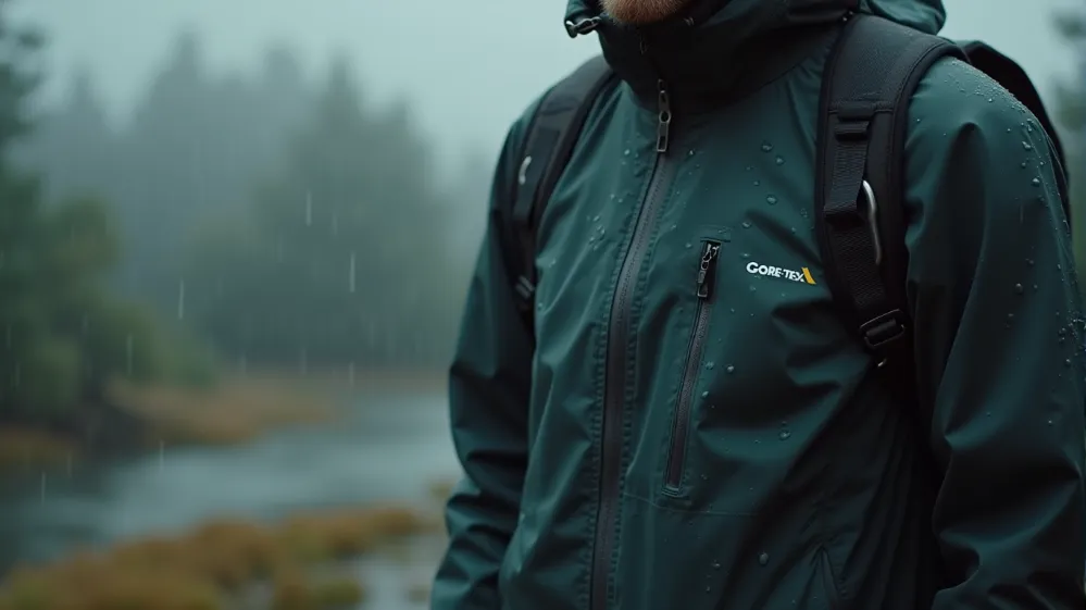 Traveler wearing a waterproof and breathable Gore-Tex jacket in rainy weather.