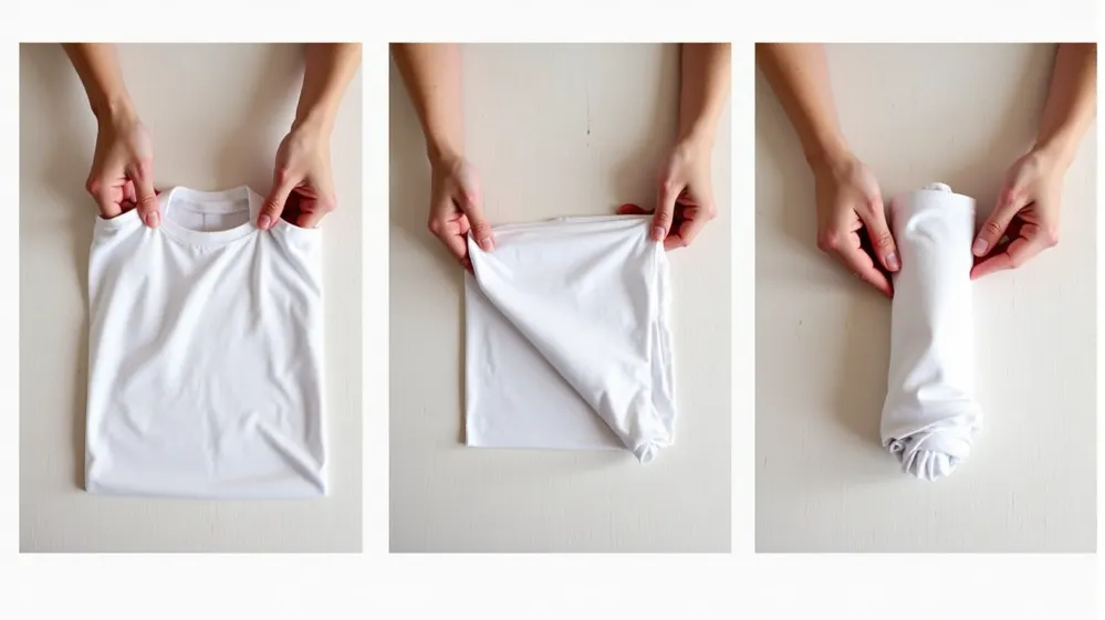Step-by-step guide on how to roll a t-shirt for efficient luggage packing. Packing Techniques Masterclass