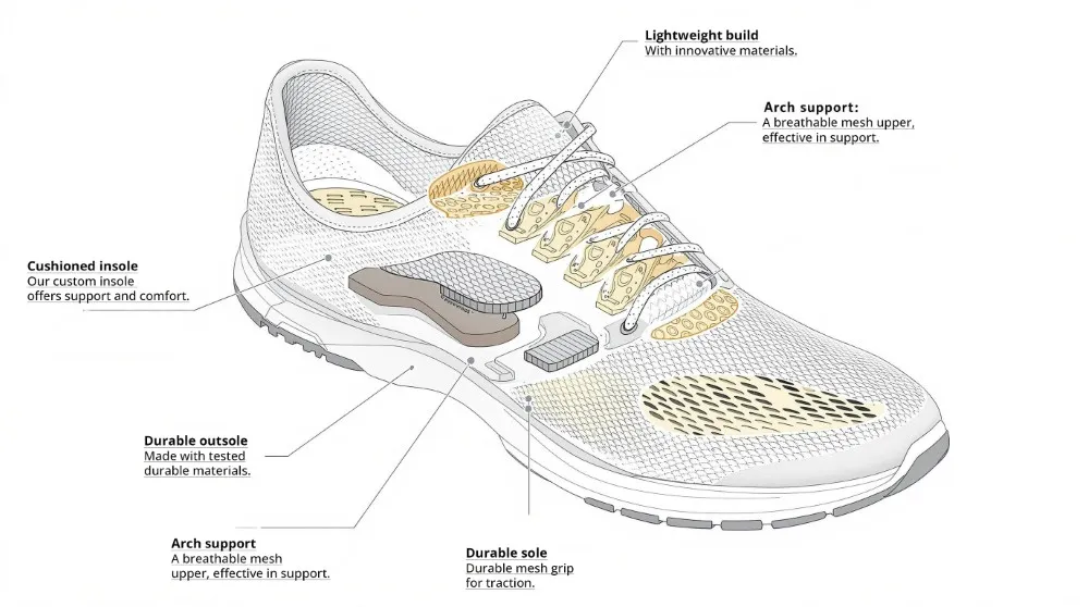 Diagram of a shoe highlighting essential features like cushioning, arch support, and breathable materials.
