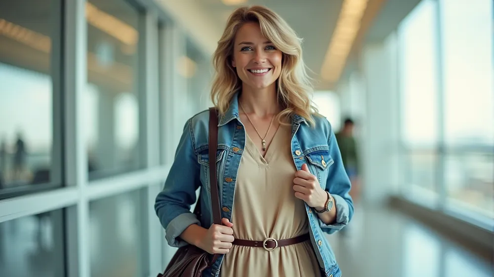 Traveler layering a jacket over a travel dress for warmth.