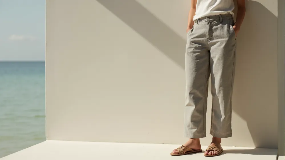 Comfortable and breathable linen blend travel trousers.