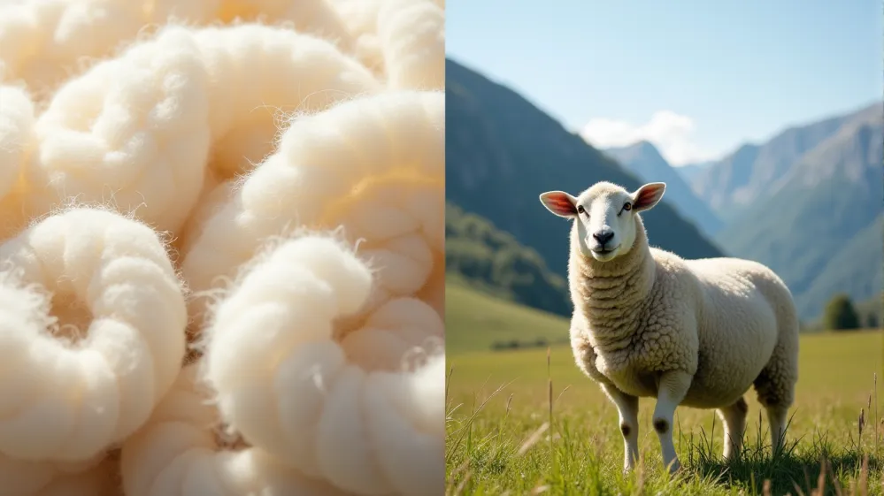Close-up of soft Merino wool fibers beside a sheep in a mountain setting.
