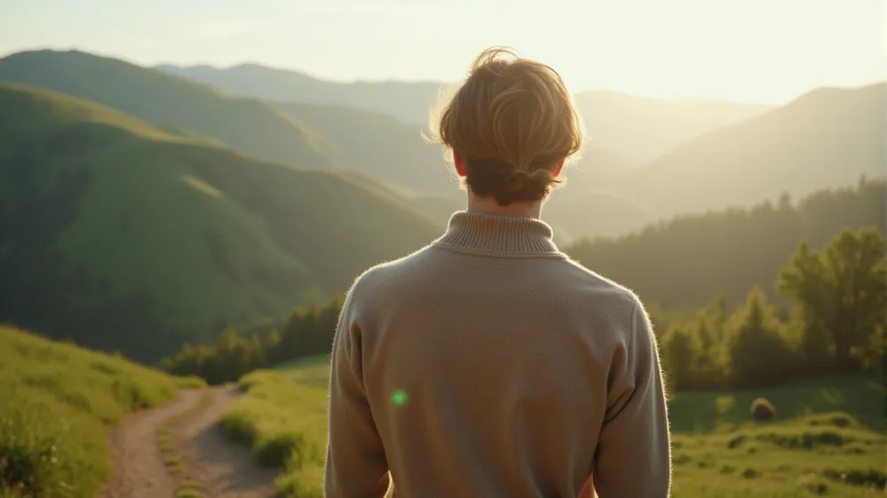 Traveler wearing wool clothing in a natural landscape, representing sustainable travel choices.