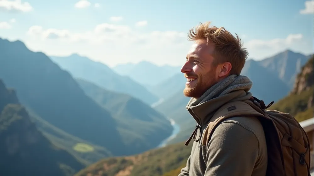 Happy traveler enjoying a scenic view while comfortably wearing wool clothing.