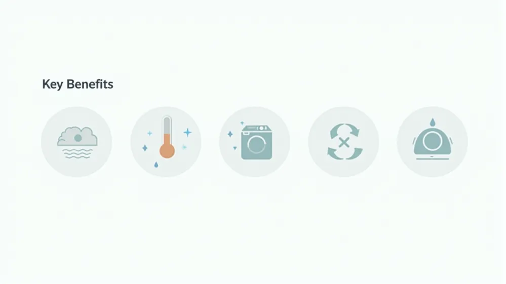 Illustrated icons highlighting the benefits of wool for travel: temperature regulation, moisture-wicking, odor resistance, easy care, and wrinkle resistance.