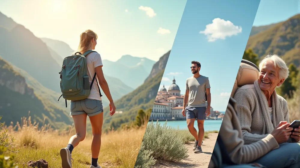 Diverse travelers enjoying various destinations and activities comfortably wearing Merino wool clothing.