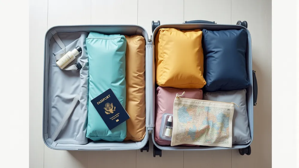 Neatly packed suitcase with colorful packing cubes and travel accessories, illustrating organized travel.