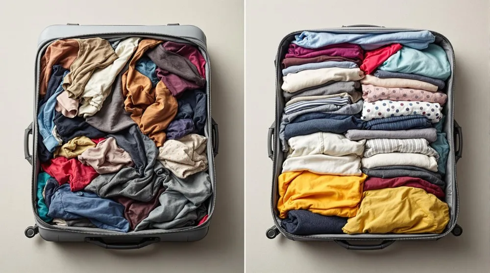 Comparison of an overstuffed suitcase versus a neatly packed suitcase with available space, highlighting the importance of efficient packing.