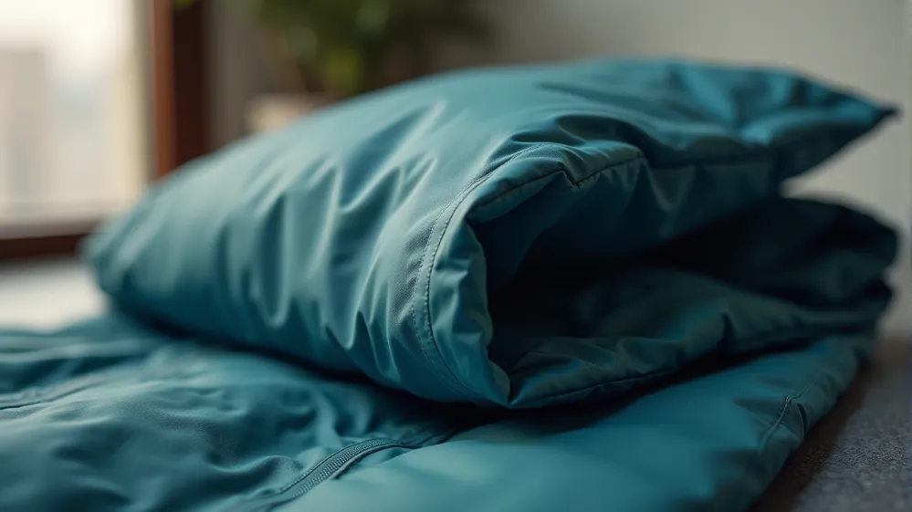 A close-up shot of a compact, packable travel jacket neatly folded and ready to be stowed away in a travel bag.
