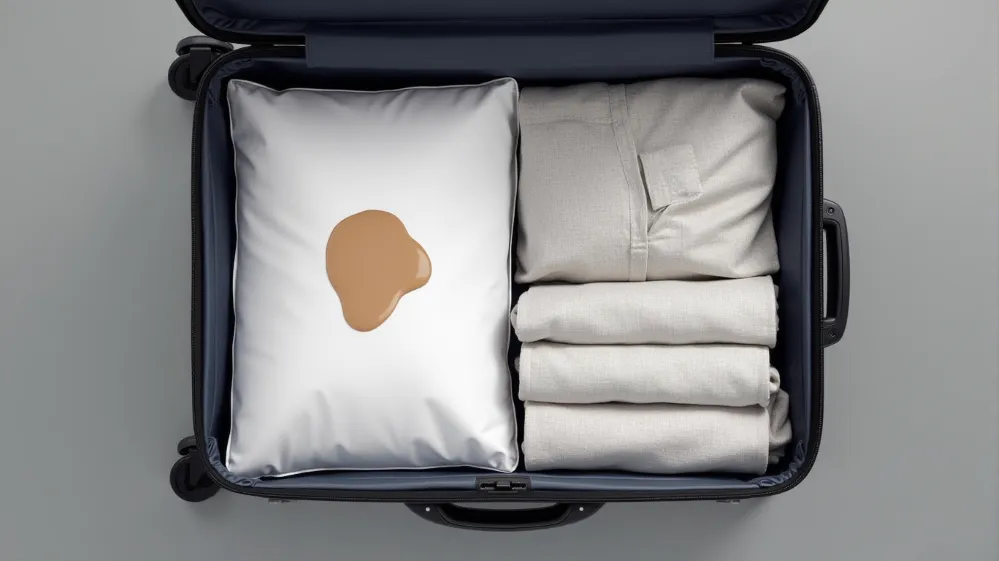 Packing cube protecting clothes from a simulated spill inside a suitcase.