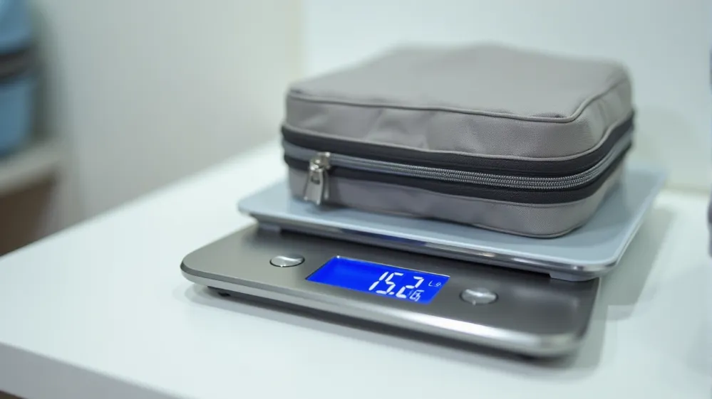 Luggage scale showing a suitcase containing packing cubes, illustrating the concept of added weight.