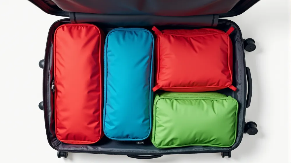 Suitcase with color-coded packing cubes for easy organization.