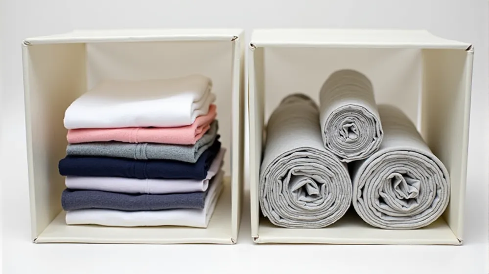 Rolled clothes taking up less space than folded clothes inside a packing cube.