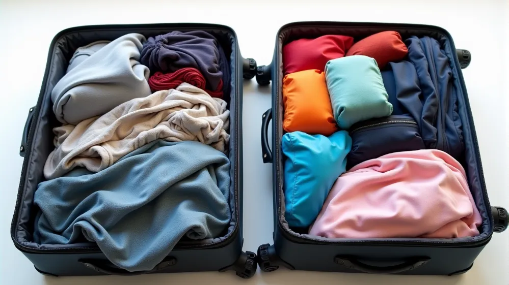 Before and after comparison of a suitcase packed without and with packing cubes, highlighting the difference in organization.